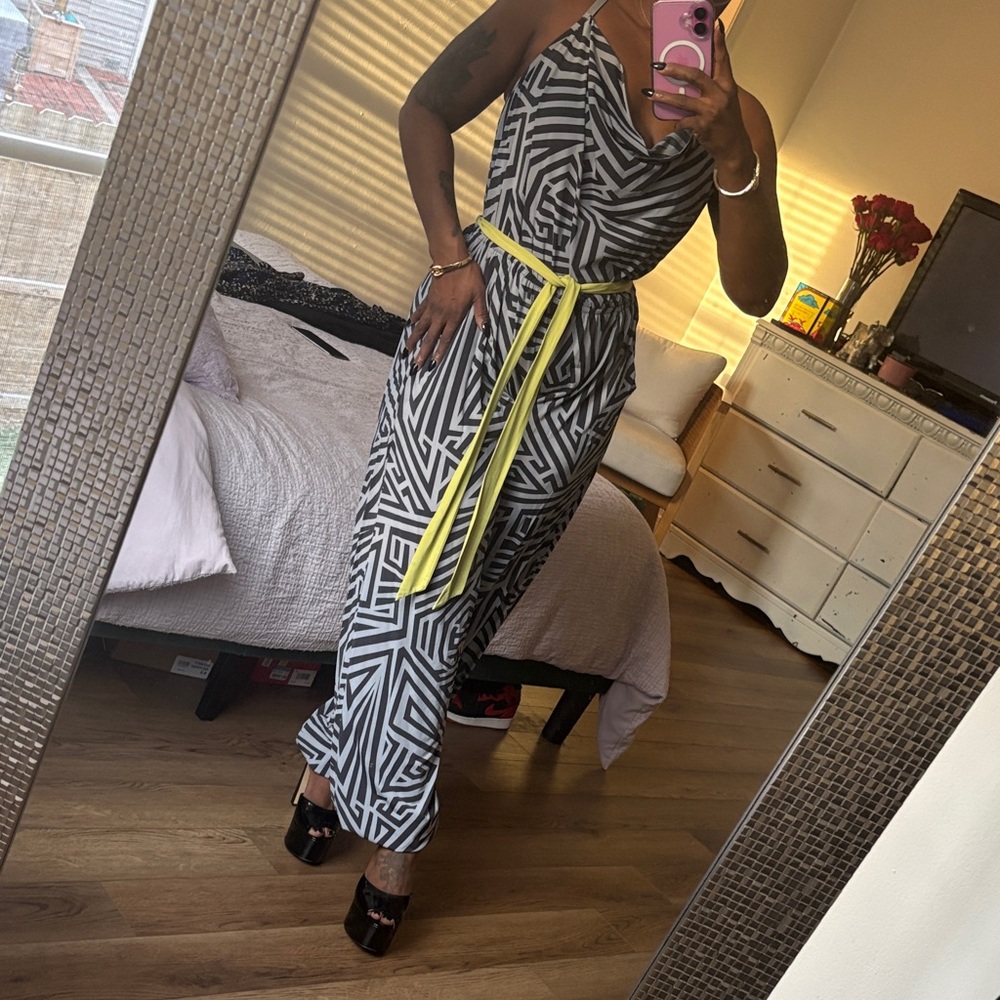 Kardashian Kollection Black and White Jumpsuit with Yellow Belt